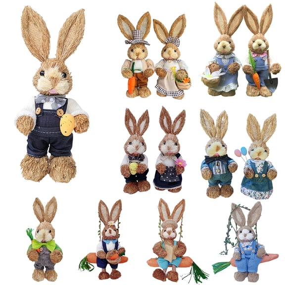 Kbndieu Easter Bunny Decorations, 9.06" Straw Woven Tabletop Bunny Figurines for Home and Garden Spring Decor (Multicolor)