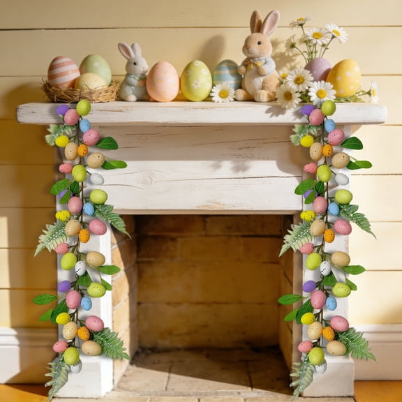 Kbndieu Easter Eggs Garland Decorations for Mantle, Artificial Spring Garland Farmhouse Hanging Vine for Front Door Kitchen Fireplace Home Indoor Outdoor