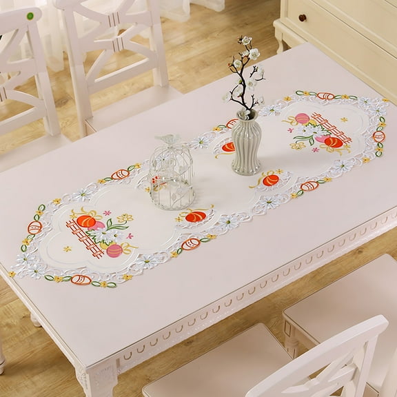 Kbndieu Easter Table Runner, Cutwork Embroidered Floral Bunnys Holiday Table Runners, Spring Summer Seasonal Kitchen Dining Table Decoration for Indoor Outdoor Home Easter Party Decorations Clearance