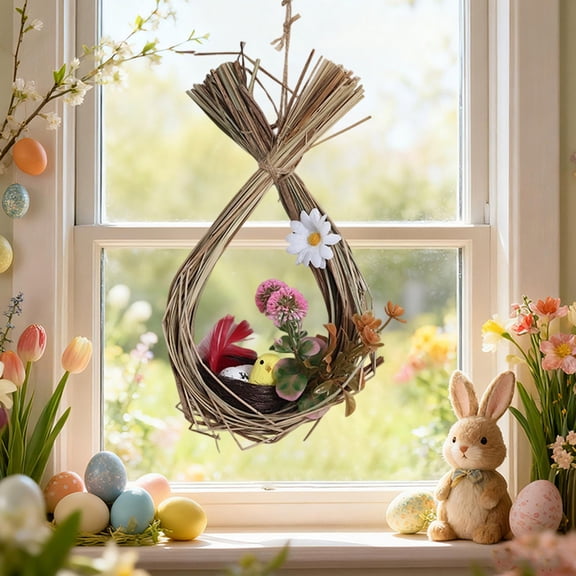 Kbndieu Easter Wreaths for Front Door Outside, 10 Inch Imitation Rattan Woven Easter Wreath with Rabbits or Chicken for Wall Window Fireplace Indoor Outdoor Home Decor Festival Celebrations