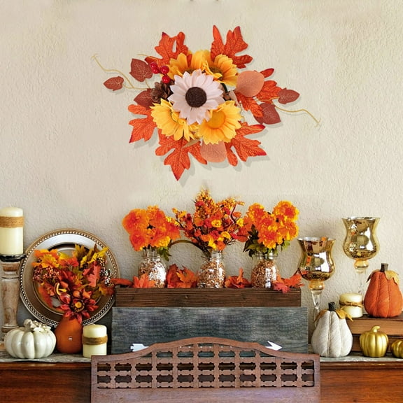 Kbndieu Fall Candle Rings Wreaths, Thanksgiving Autumn Harvest Wreath Candle Rings, Mini Fall Wreath for Front Door, Porch Wall Window Fall Decor
