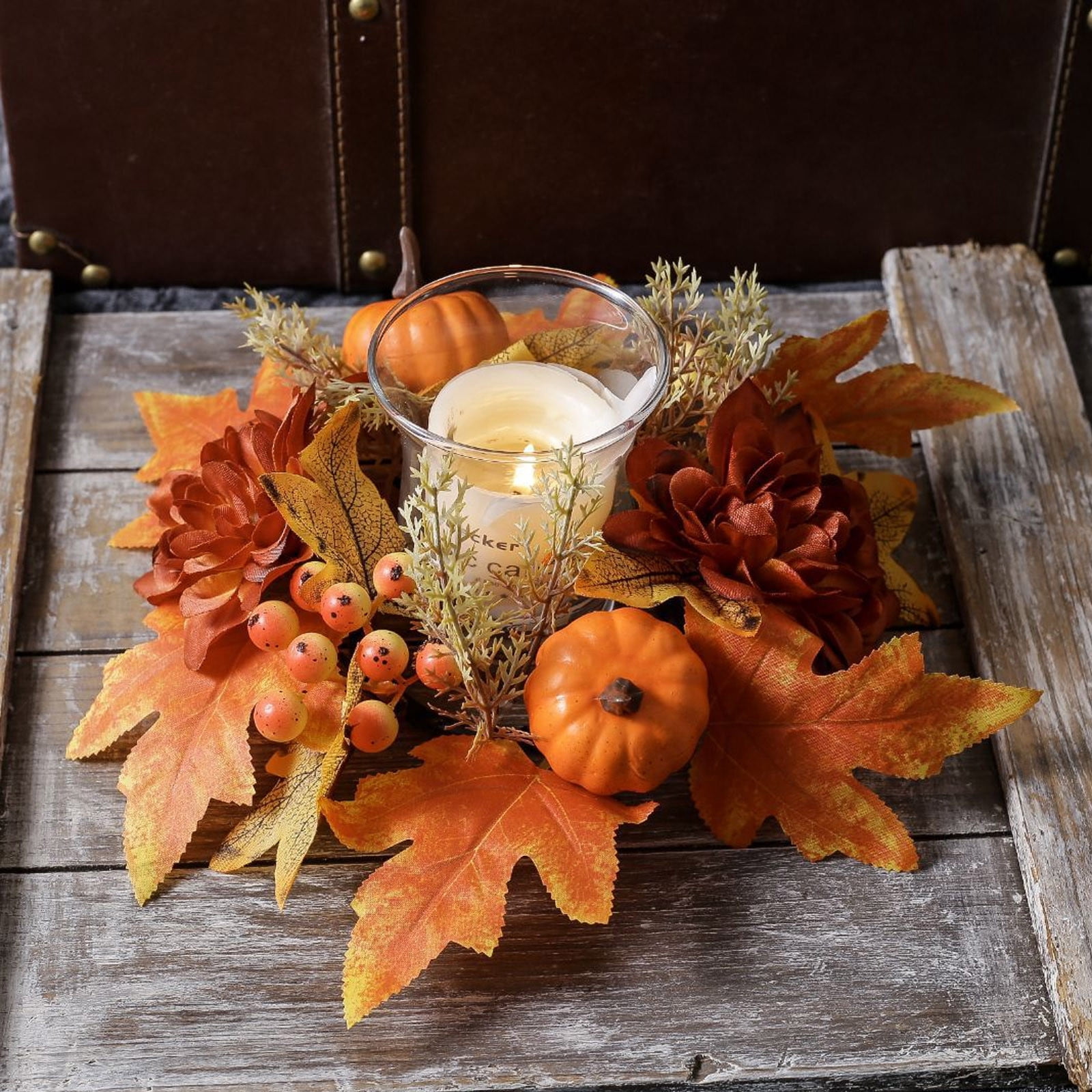 Kbndieu Fall Decor Candle Rings Maple Leaves Candle Rings Wreath ...