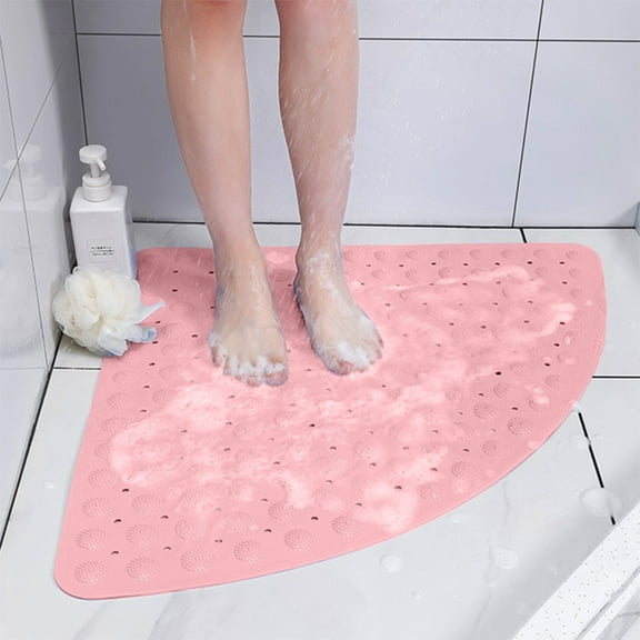 Kbndieu Fan Shaped Shower Mat Non-Slip Bath Mat for Tub and Shower Stall, Machine Washable Bathtub Mat with Drain Holes, Suction Cups for Stand Up Showers, Bathroom Essentials (Pink)