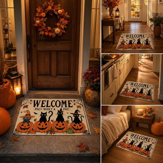 Kbndieu Halloween Cat Welcome Door Mat Spooky Indoor Outdoor Home Front Door Rugs with Non-Slip Backing Outside Entrance Porch Floor Mat for Halloween Farmhouse Decor