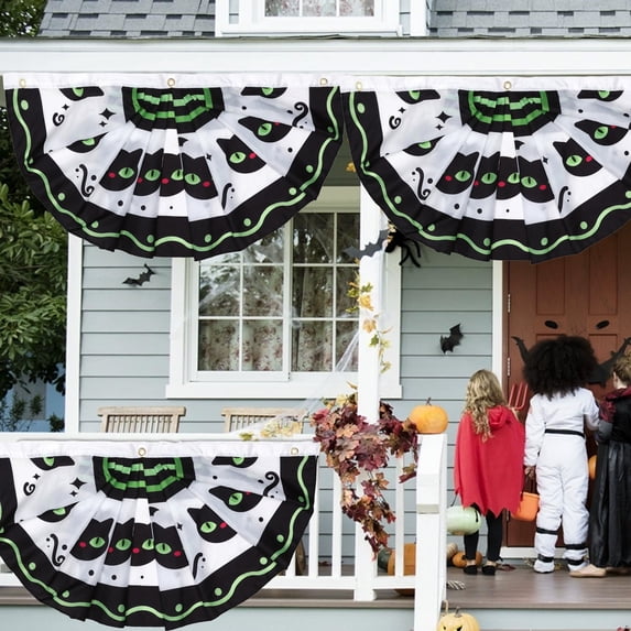 Kbndieu Halloween Decorations Outdoor, Halloween Flag Bunting, Half Fan Hanging Pleated Flag Banner with 3 Grommets for Indoor House Holiday Outside Yard Decorations Party Props
