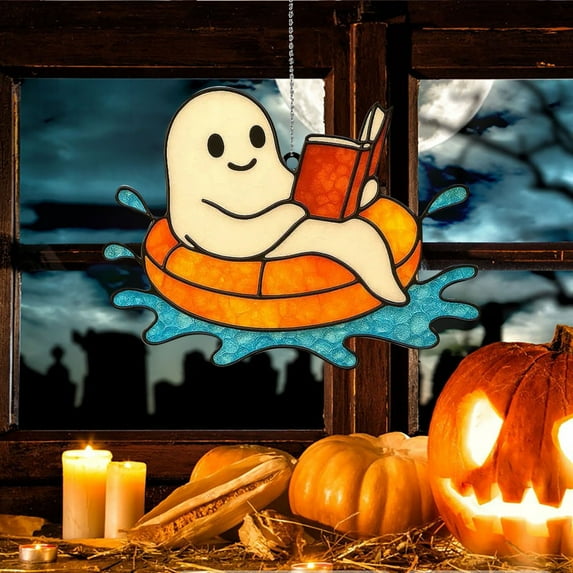 Kbndieu Halloween Ornaments, Cute Ghost Stained Glass Window Hanging Sun Catcher Decor, Halloween Decorations Indoor Outdoor, Halloween Gifts for Friends and Family