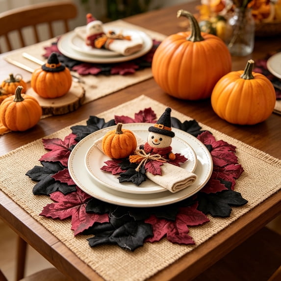 Kbndieu Halloween Placemats Black Round Maple Leaf Placemats Spooky Table Place Mats for Home Kitchen Dining Table Holiday Party Decoration