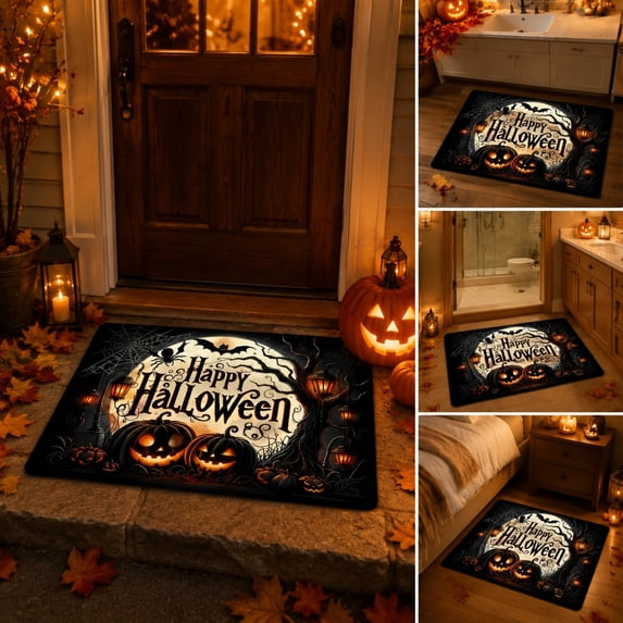 Kbndieu Happy Halloween Pumpkin Ghost Welcome Door Mat Spooky Indoor Outdoor Home Front Porch Rugs Non Slip Doormat Outside Entrance Door Floor Mat for Halloween Farmhouse Decor