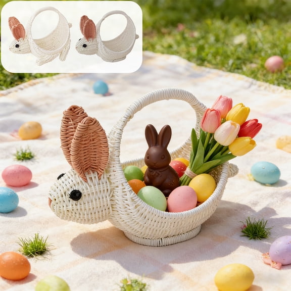 Kbndieu Imitation Rattan Woven Easter Basket with Handle, Baby Gift Baskets, Egg Buckets Gifts Tote Bags Egg Hunt Basket for Kids, Boys, Girls, Toddler