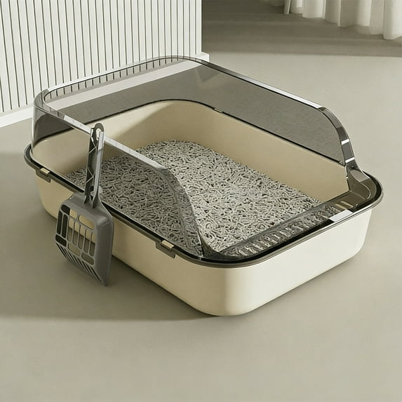 Kbndieu Large Cat Litter Box with High Sides, Splashs Proof Designs, Open Top Litter Tray Include Scoop Easy Cleaning, White