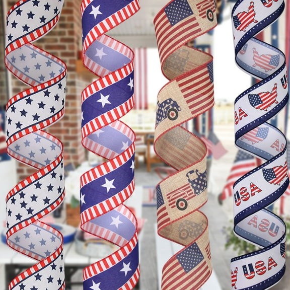 Kbndieu Patriotic Ribbon Wired, 4th of July Stars and Stripes Ribbons Red White Blue Ribbon for Wrapping Crafts Memorial Day Independence Day Veterans Day Decor on Clearance