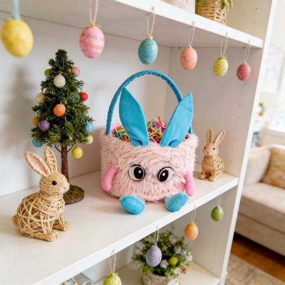 Kbndieu Plush Easter Basket, Cute Bunny Easter Baskets for Kids Boys Girls, Egg Hunting Easter Bucket with Rabbit Ears, Easter Tote Bags for Easter Decorations Candy Gifts Toy Storage