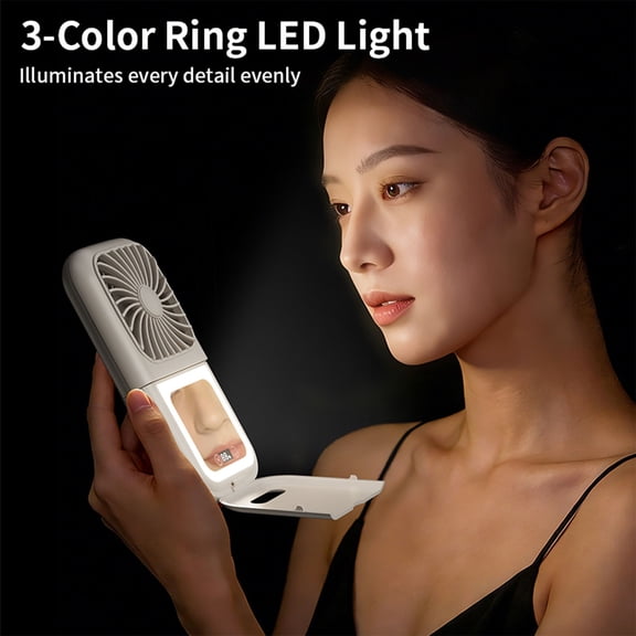 Kbndieu Portable Handheld Fan, 5 Speed LED Makeup Mirror with Light, Folding Stand for Desktop, Rechargeable Mini Personal Fans Small Travel Essentials Gifts for Women Girls