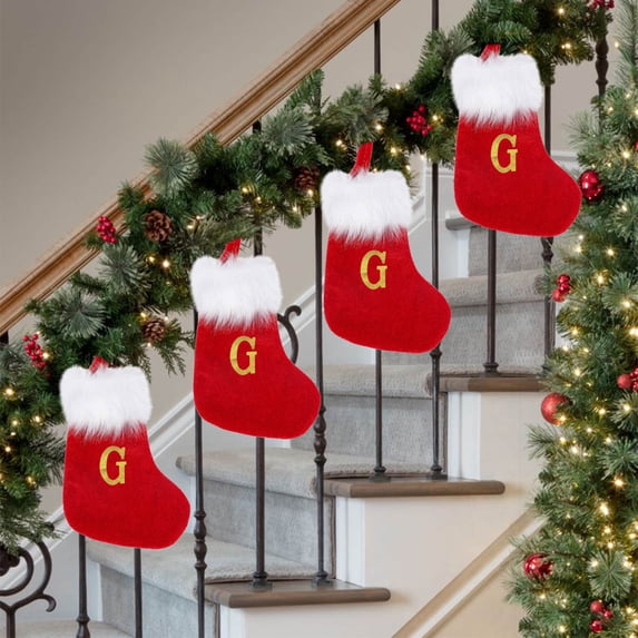 Kbndieu Red Christmas Stockings with Initials, Super Soft White Plush Cuff Classic Monogrammed Knitted Christmas Stockings for Kids Family Holiday Fireplace or Party Christmas Decor G
