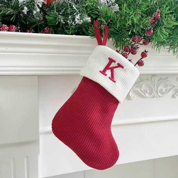 Kbndieu Red Knit Christmas Stockings, Personalized Embroidered Letter Christmas Stocking, Christmas Candy Gift Bag, Family Holiday Xmas Party Decor (Letter K)