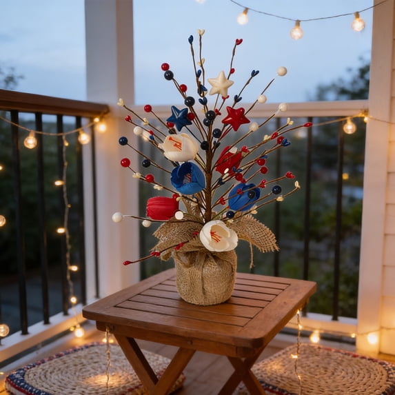 Kbndieu Red White and Blue Artificial Flowers Decorative Tree, 4 of July Decor Patriotic Memorial Fake Berry Stem Picks for Independence Day Decor Floral Arrangement Table Centerpieces