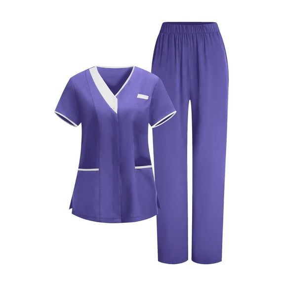 Kbndieu Scrubs for Women Set - Solid Color V-Neck Scrub Top & Elastic Jogger Pant Sets for Women