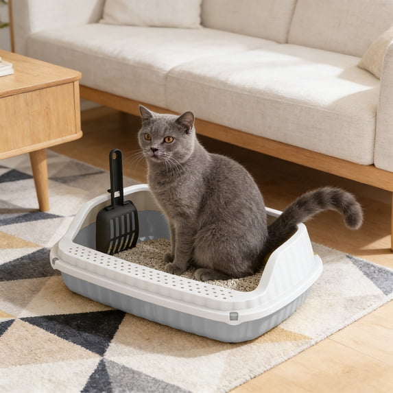 Kbndieu Semi Enclosed Cat Litter Box with High Sides, Splashs Proof Designs, Open Top Cat Litter Tray Include Scoop Easy Cleaning