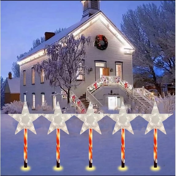 Kbndieu Solar Christmas Garden Stake Lights Outdoor 5 Pack Waterproof Christmas Pentagram Pathway Lights for Christmas Decorations Outdoor Yard Front Porch Garden Patio