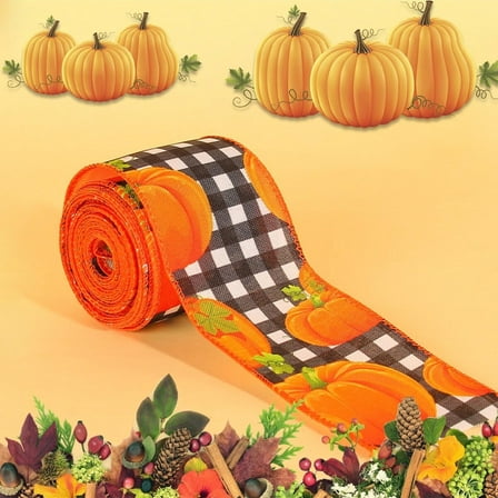 Kbndieu Thanksgiving Fall Ribbon, Plaid Pumpkin Truck Maple Pattern Rustic Autumn Ribbon, Thanksgiving Theme Craft Ribbon for Wrapping Gifts Making Wreath Bow