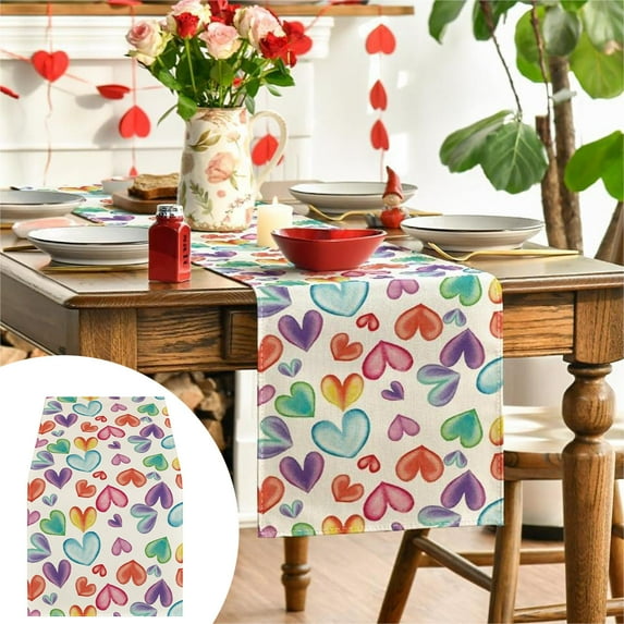 Kbndieu Valentines Day Table Runner, 13 x 35 Inch Colorful Heart Table Runner for Valentines Decorations, Winter Holiday Table Runners Valentines Day Decor Home Romantic Decorations