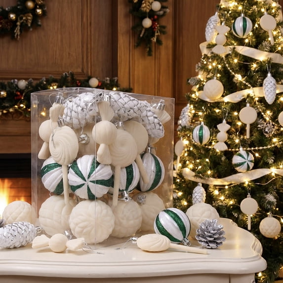 Kbndieu White Velvet Christmas Balls Ornaments, 30Pcs Flocked Shatterproof Christmas Tree Balls Bulk for Christmas Tree Decorations, Xmas Decorative Hanging Ornaments for Home Holiday Decor