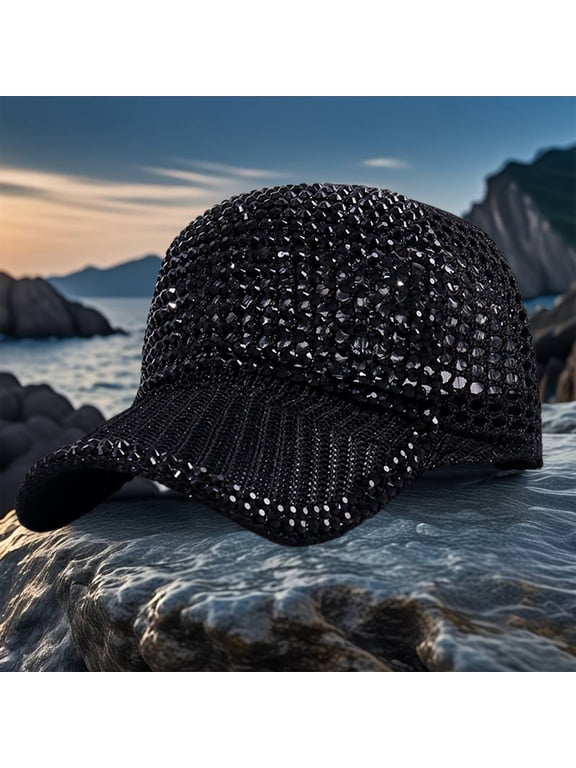 Women Men Studded Rhinestone Crystals Adjustable Baseball Cap Sparkle Bling Casual Sports Cap Breathable Sun Hat, Black