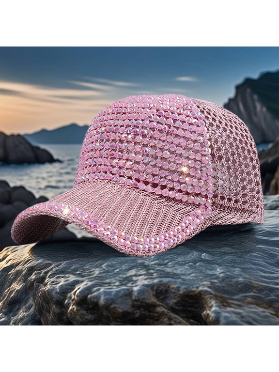 Women Men Studded Rhinestone Crystals Adjustable Baseball Cap Sparkle Bling Casual Sports Cap Breathable Sun Hat, Pink