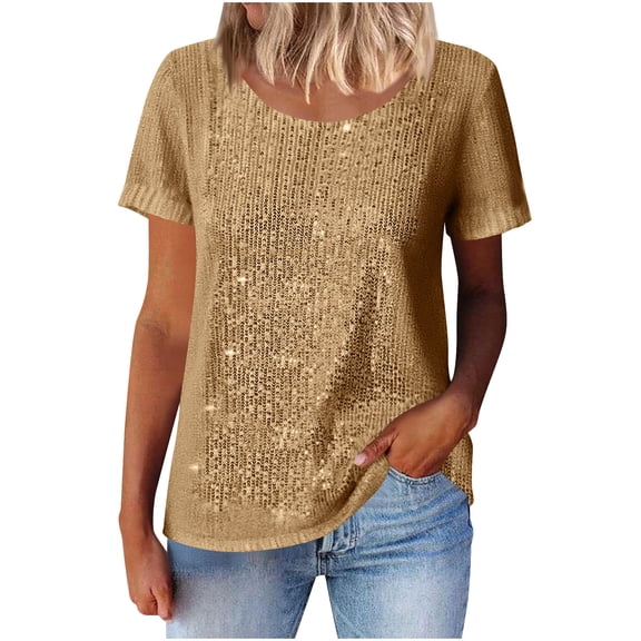 Kbndieu Women's Sequin Sparkle Tops Shimmer Glitter Round Neck Short Sleeve Shirt Summer Party Tee Shirts Tunic Blouse Solid Color Pullover Shirt Womens Tops Casual