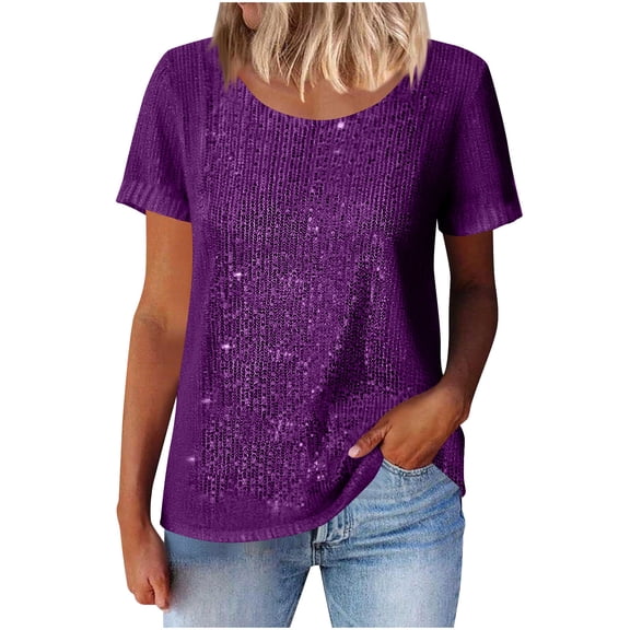 Kbndieu Women's Sequin Sparkle Tops Shimmer Glitter Round Neck Short Sleeve Shirt Summer Party Tee Shirts Tunic Blouse Solid Color Pullover Shirt Womens Tops Casual