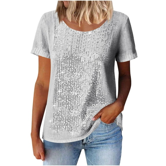 Kbndieu Women's Sequin Sparkle Tops Shimmer Glitter Round Neck Short Sleeve Shirt Summer Party Tee Shirts Tunic Blouse Solid Color Pullover Shirt Womens Tops Casual