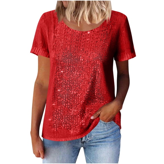 Kbndieu Women's Sequin Sparkle Tops Shimmer Glitter Round Neck Short Sleeve Shirt Summer Party Tee Shirts Tunic Blouse Solid Color Pullover Shirt Womens Tops Casual