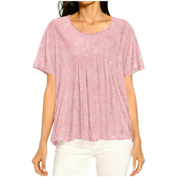 Kbndieu Womens Short Sleeve T-Shirt Sparkling Solid Color Tops Round Neck Basic Tees Going Out Tops for Women Trendy Loose Casual