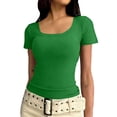 thumbnail image 1 of Kbndieu Womens Summer Short Sleeve Basic Tee Tops Square U Neck Fashion Slim Fitted Shirts Casual Soild Color T Shirts (Green, M), 1 of 7