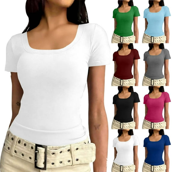 Kbndieu Womens Summer Short Sleeve Basic Tee Tops Square U Neck Fashion Slim Fitted Shirts Casual Soild Color T Shirts (White, S)