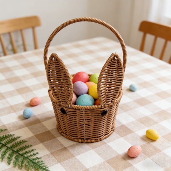 Kbndieu Woven Easter Basket with Handles, Imitation Rattan Easter Bunny Baskets with Cute Rabbit Ears, Easter Egg Hunt Bucket for Picnic Wedding Easter Decorations Gifts (Brown)