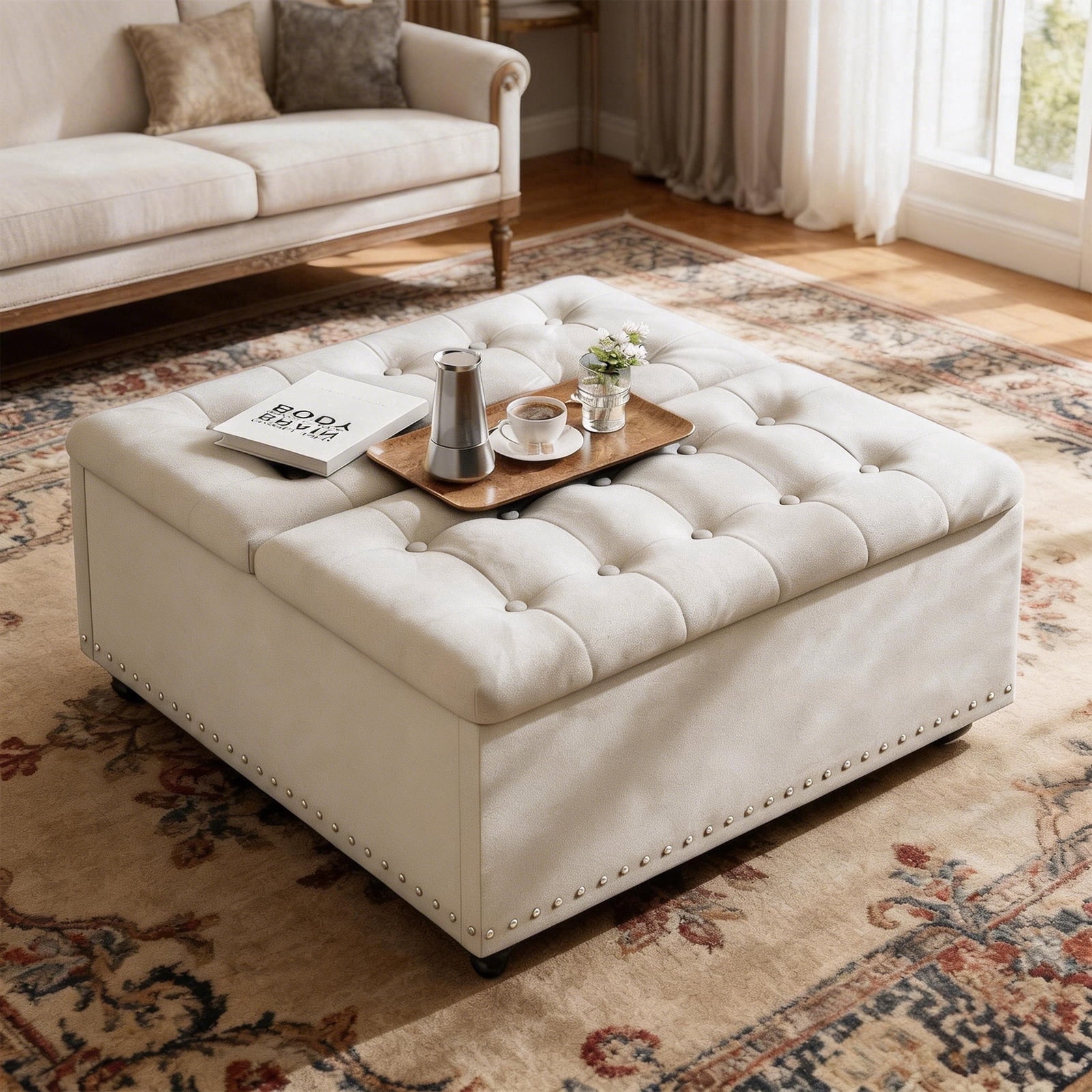 Kbun 33.5 inch Large Square Storage Ottoman, Tufted Upholstered Coffee Table with Lift Top & Solid Wood Legs, Oversized Storage Bench Ottomans Toy Box for Bedroom, Living Room, Entryway, White