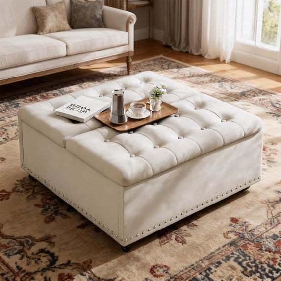 Kbun 33.5 inch Large Square Storage Ottoman, Tufted Upholstered Coffee Table with Lift Top & Solid Wood Legs, Oversized Storage Bench Ottomans Toy Box for Bedroom, Living Room, Entryway, White