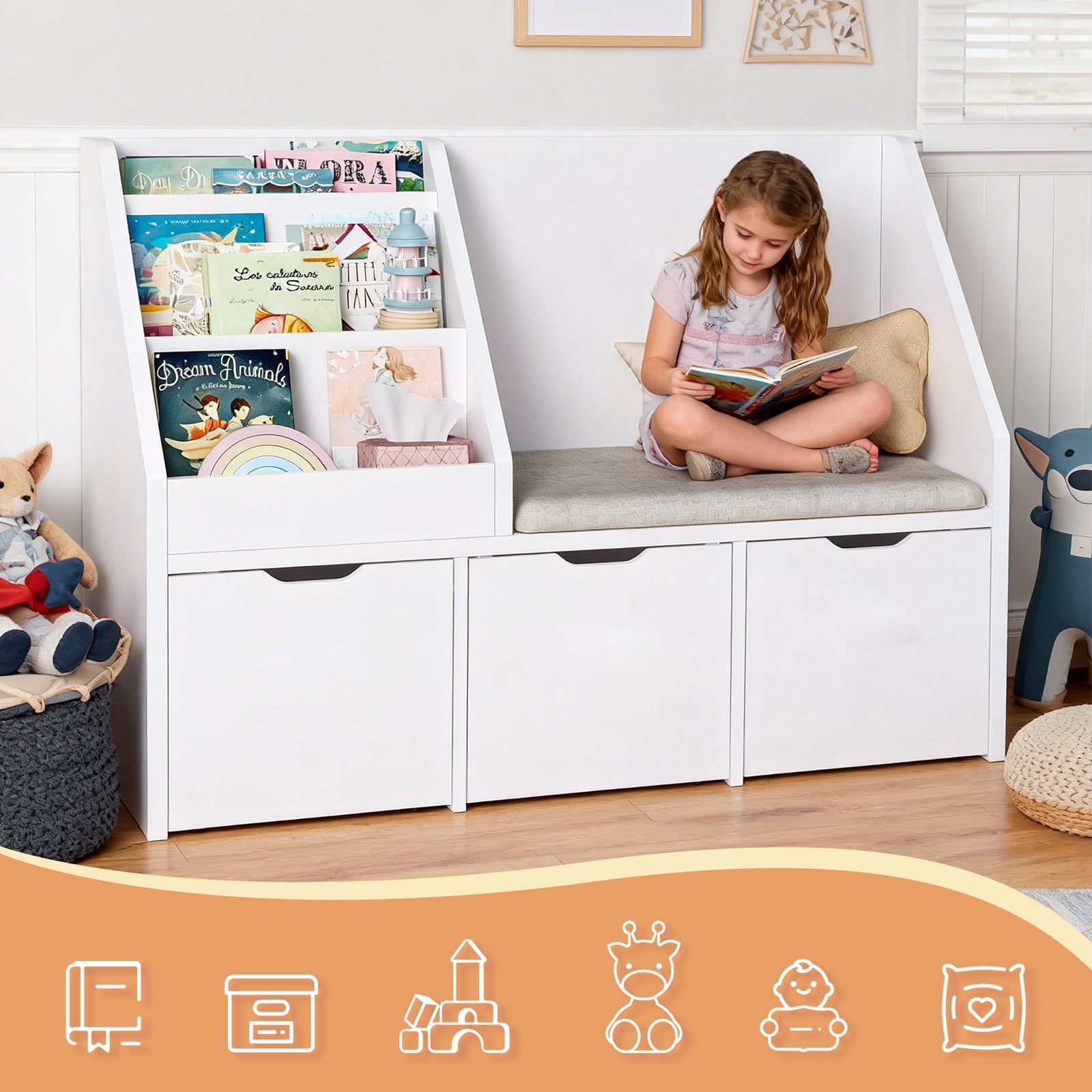 Kbun 40in Kids Bookshelf,  Book Wood Storage Organizer with 3 Large Drawers, Toy Storage Organizer for Playroom Bedroom, White