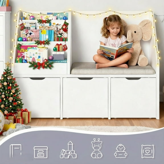 Kbun 40in Kids Bookshelf, Book Wood Storage Organizer with 3 Large Drawers, Toy Storage Organizer for Playroom Bedroom, White