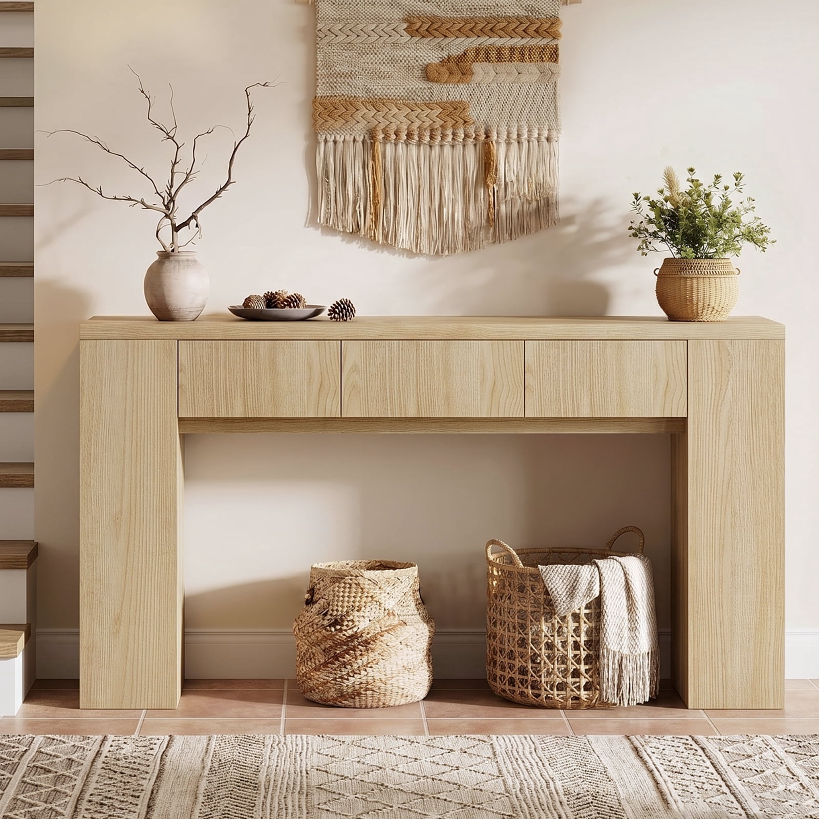 Kbun 71 inch Long Console Table with Drawers, Entryway Sofa Table Behind Couch, Wooden Hallway Table for Living Room, Entryway,  Foyer Corridor, Industrial Farmhouse Oak Color