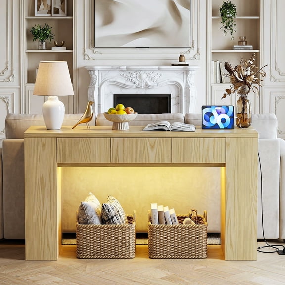 Kbun 71 inch Long Console Table with Drawers, Entryway Sofa Table Behind Couch, Wooden Hallway Table for Living Room, Entryway,  Foyer Corridor, Industrial Farmhouse Oak Color