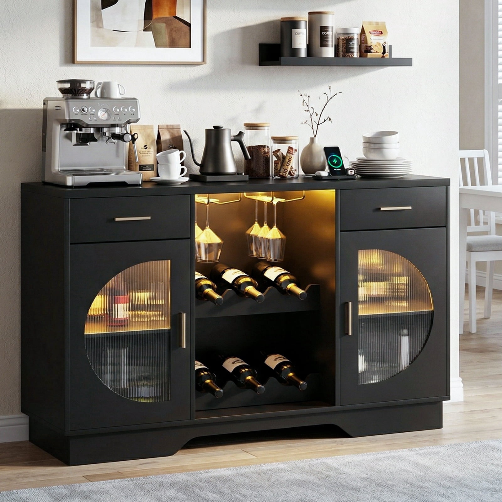 Kbun Coffee Bar Cabinet with Fridge Space, Wine Bar with LED Lights & Power Outlet, Sideboard for Home with Glass Doors, Freestanding Liquor Cabinet, Black