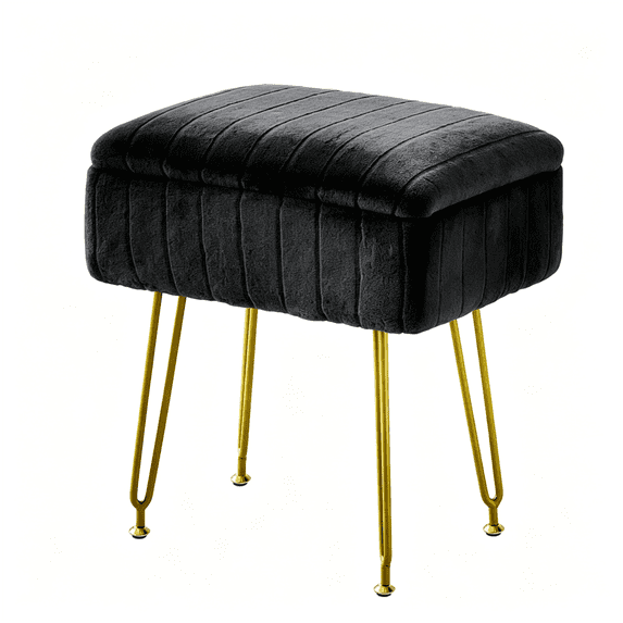 Kbun Faux Fur Vanity Stool with Storage, Makeup Ottoman Chair with Upholstered Seat, Metal Legs & Anti-Slip Feet for Bedroom, Living Room, Dark Black