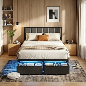 Kbun Full Bed Frame with 2 Drawers and Upholstered Headboard, Outlets and LED Lights, Heavy Duty Metal Platform with Storage Space Under Frame, No Box Spring Needed, Noise Free, Gray