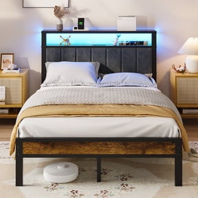 Kbun Full Bed Frame with Charging Station and LED Lights, Full Size Platform Bed with Metal Slats, Upholstered Headboard with 2-Tier Storage Shelves, No Box Spring Needed