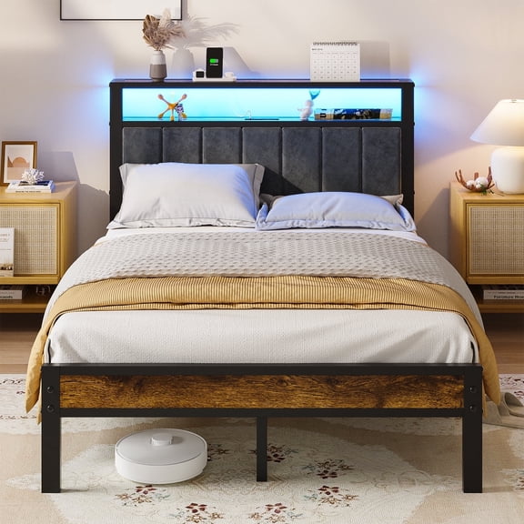 Kbun Full Bed Frame with Charging Station and LED Lights, Full Size Platform Bed with Metal Slats, Upholstered Headboard with 2-Tier Storage Shelves, No Box Spring Needed