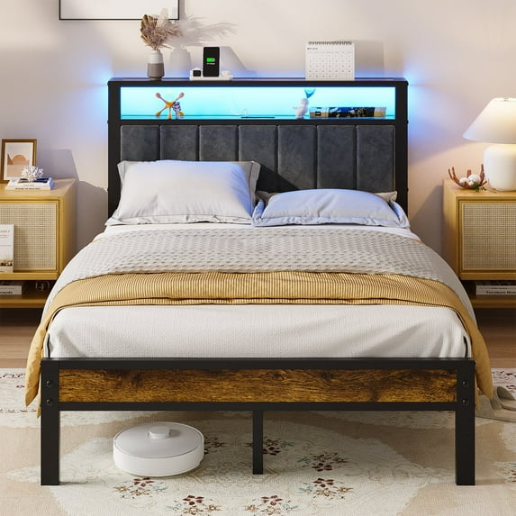Kbun Full Bed Frame with Charging Station and LED Lights, Full Size Platform Bed with Metal Slats, Upholstered Headboard with 2-Tier Storage Shelves, No Box Spring Needed