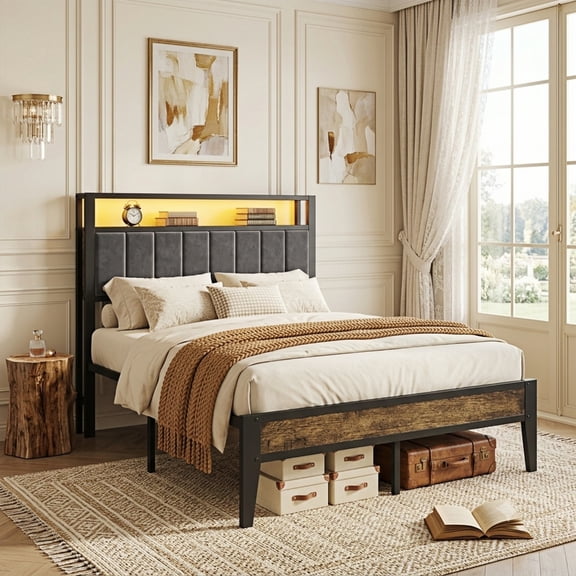 Kbun Full Bed Frames with Upholstered Headboardand 13 Thickened Legs, Industrial Metal Platform Bed Frame, No Box Spring Needed, Noise-Free, Up to 1000 lbs, Rustic Brown