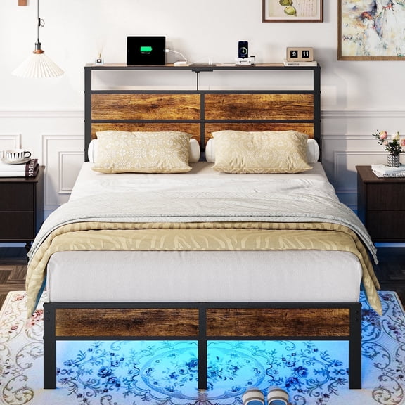 Kbun LED Bed Frame Full Size with USB/Type-c Ports and Outlets, Heavy Duty Metal Platform Bed Frame, No Box Spring Needed, Noise-Free, Easy Assembly